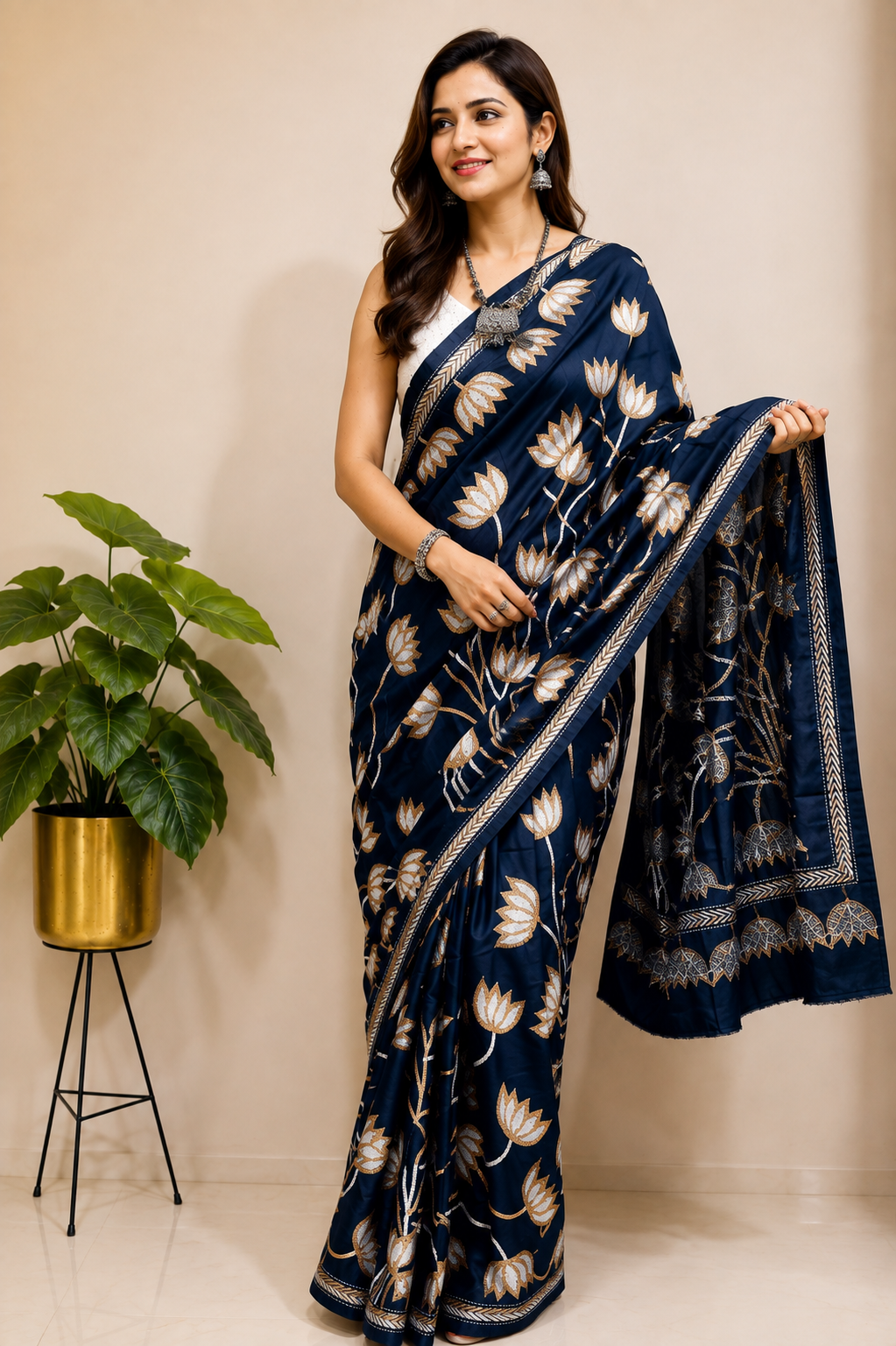 Blue Hand Embroidered Kantha Pure Bangalore Silk Saree