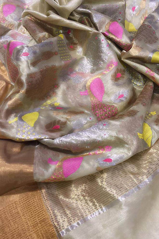 Pastel Handloom Chanderi Pure Katan Silk Meenakari Bird Design Saree