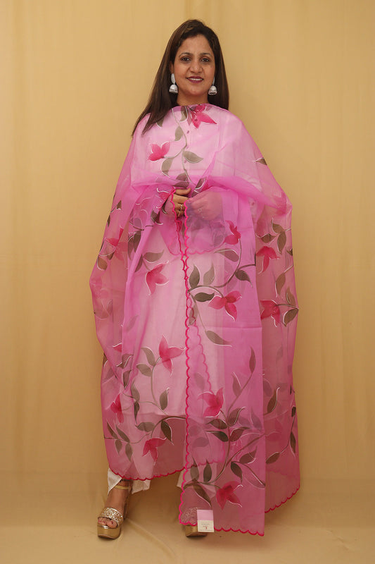 Pink Hand Painted Organza Silk Scalloped Border Dupatta - Luxurion World
