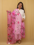 Pink Hand Painted Organza Silk Scalloped Border Dupatta - Luxurion World