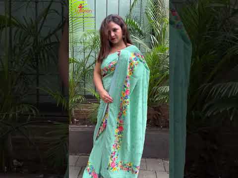 Exquisite Green Hand Embroidered Parsi Gara Georgette Flower Design Saree - Luxurion World