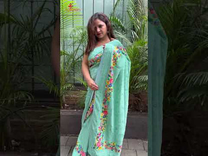 Exquisite Green Hand Embroidered Parsi Gara Georgette Flower Design Saree - Luxurion World