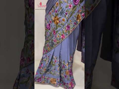 Exquisite Grey Hand Embroidered Parsi Gara Crepe Flower Design Saree - Luxurion World