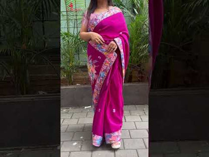 Exquisite Purple Hand Embroidered Parsi Gara Crepe Flower Design Saree - Luxurion World