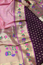 Purple Banarasi Silk Suit With Pink Paithani Silk Flower Design Dupatta - Luxurion World
