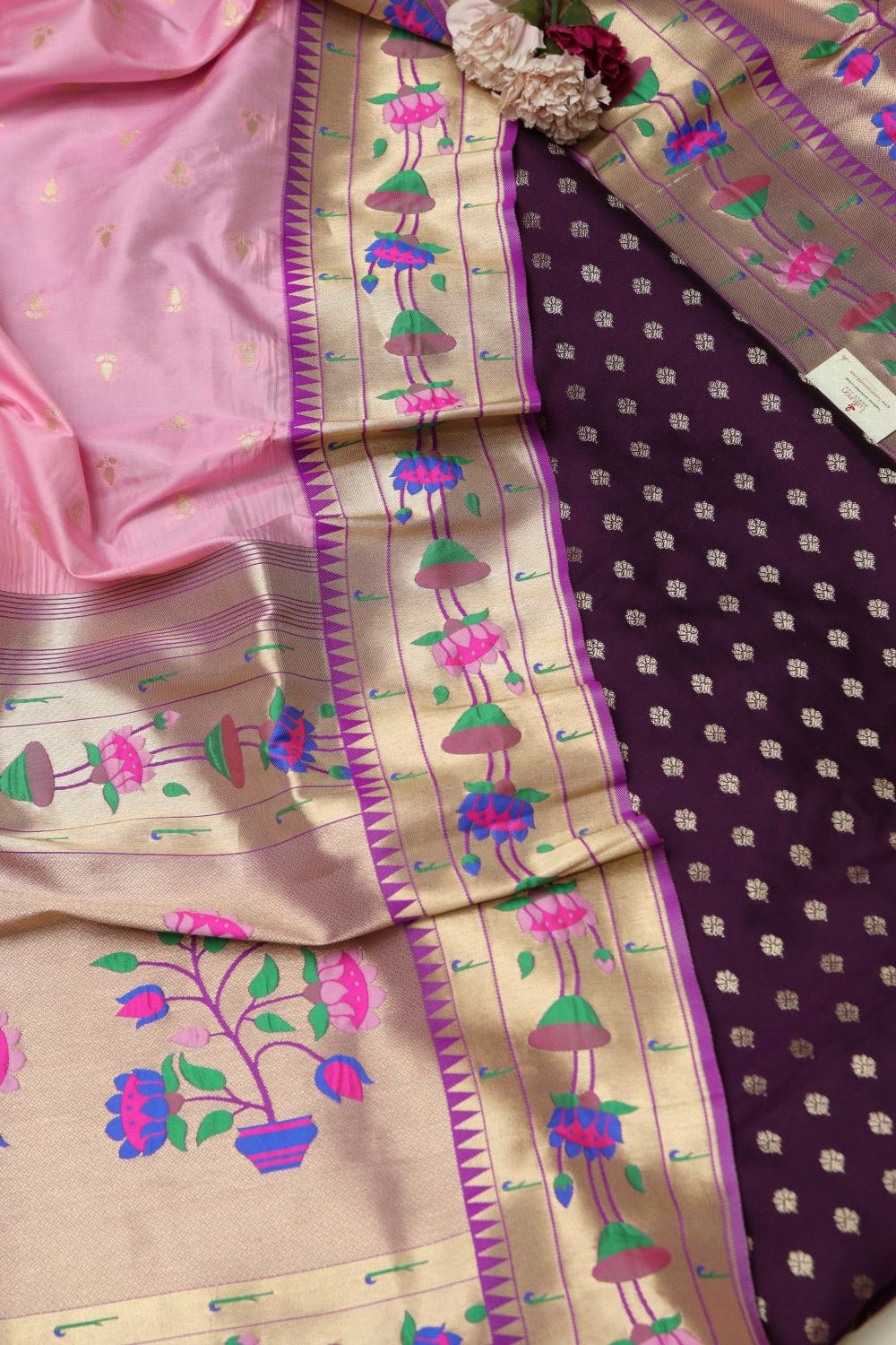Purple Banarasi Silk Suit With Pink Paithani Silk Flower Design Dupatta - Luxurion World