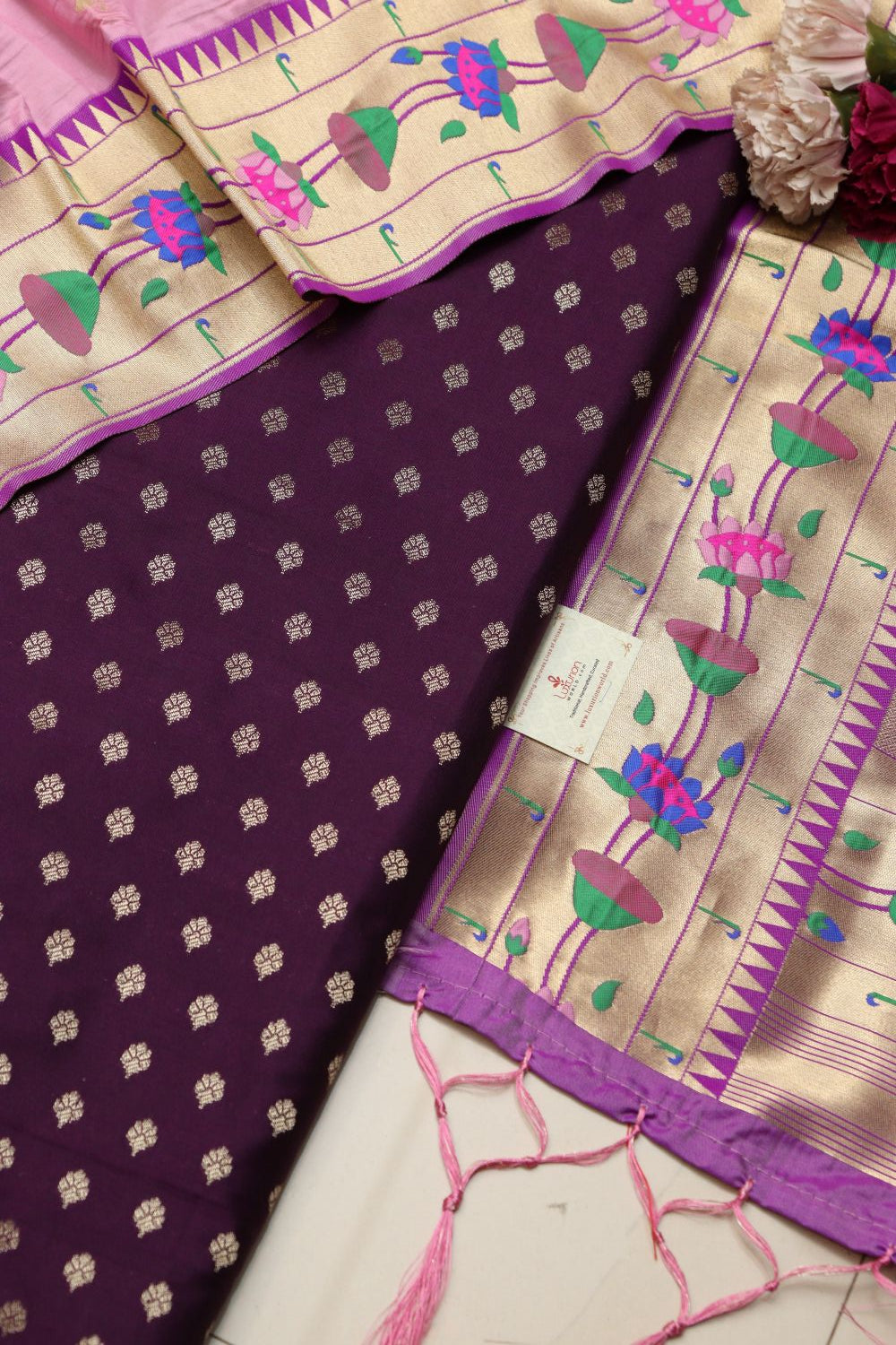 Purple Banarasi Silk Suit With Pink Paithani Silk Flower Design Dupatta - Luxurion World