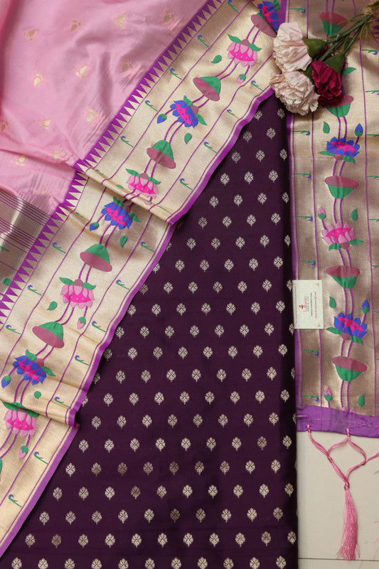 Purple Banarasi Silk Suit With Pink Paithani Silk Flower Design Dupatta - Luxurion World