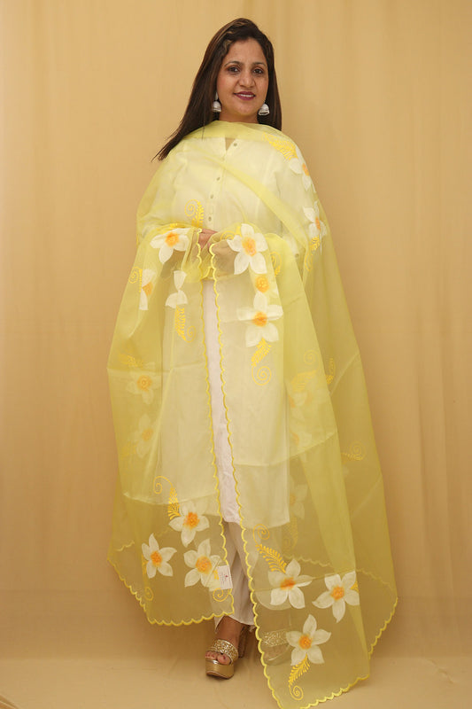 Yellow Hand Painted Organza Silk Scalloped Border Dupatta - Luxurion World