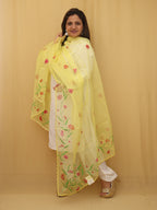 Yellow Hand Painted Organza Silk Scalloped Border Dupatta - Luxurion World