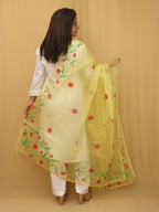 Yellow Hand Painted Organza Silk Scalloped Border Dupatta - Luxurion World
