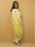 Yellow Hand Painted Organza Silk Scalloped Border Dupatta - Luxurion World