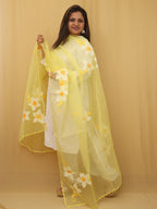 Yellow Hand Painted Organza Silk Scalloped Border Dupatta - Luxurion World