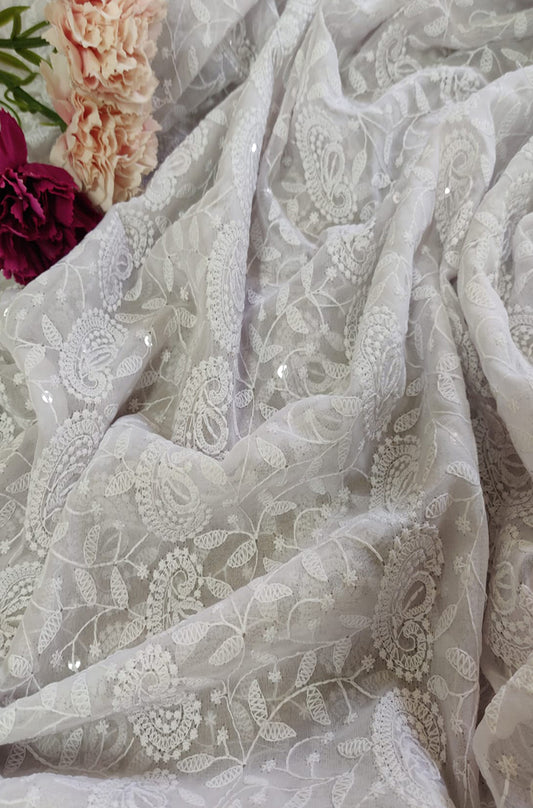 White Embroidered Chikankari Georgette Fabric (2.5 Mtrs) - Luxurion World