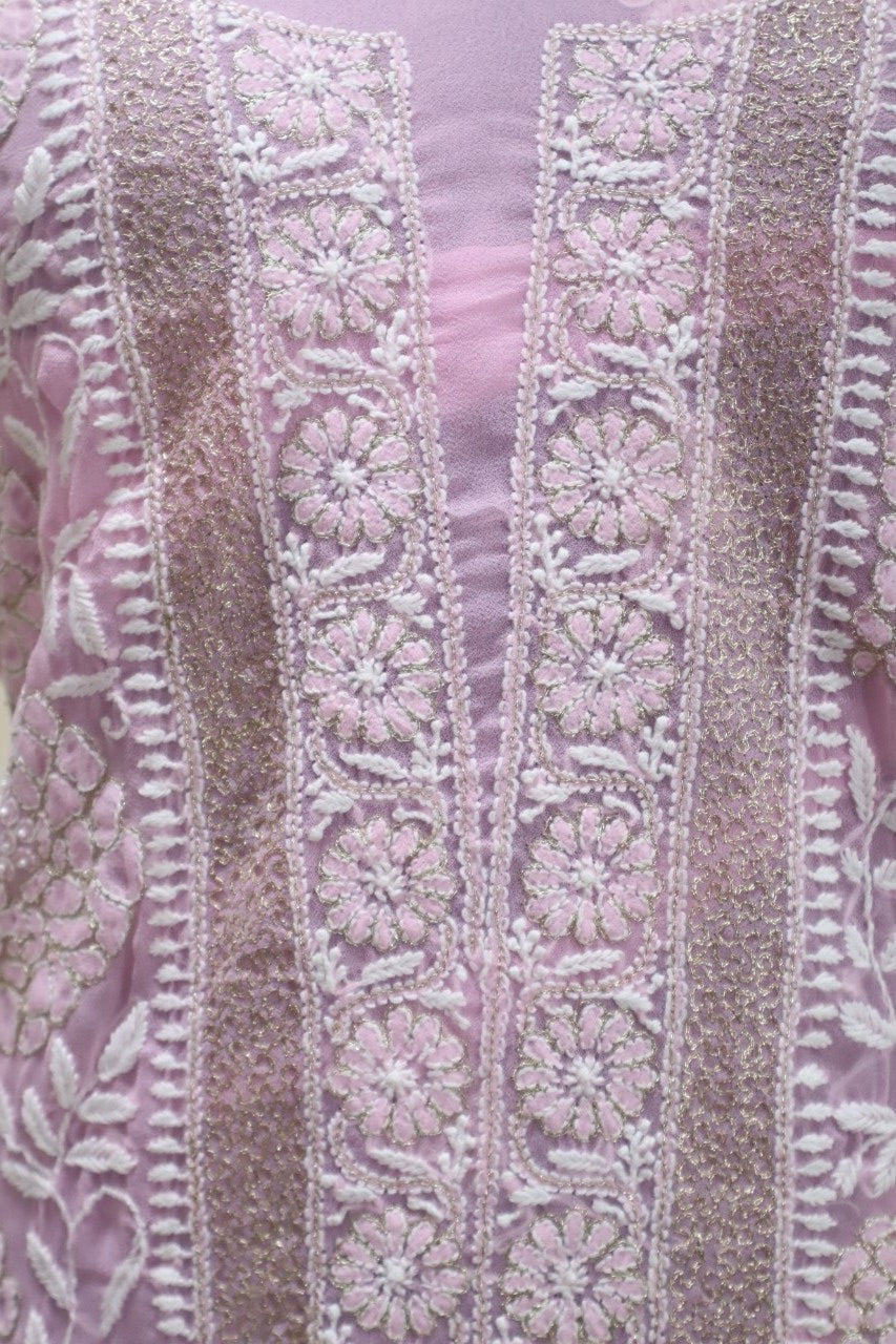 Pink Embroidered Chikankari Georgette Kurti - Luxurion World