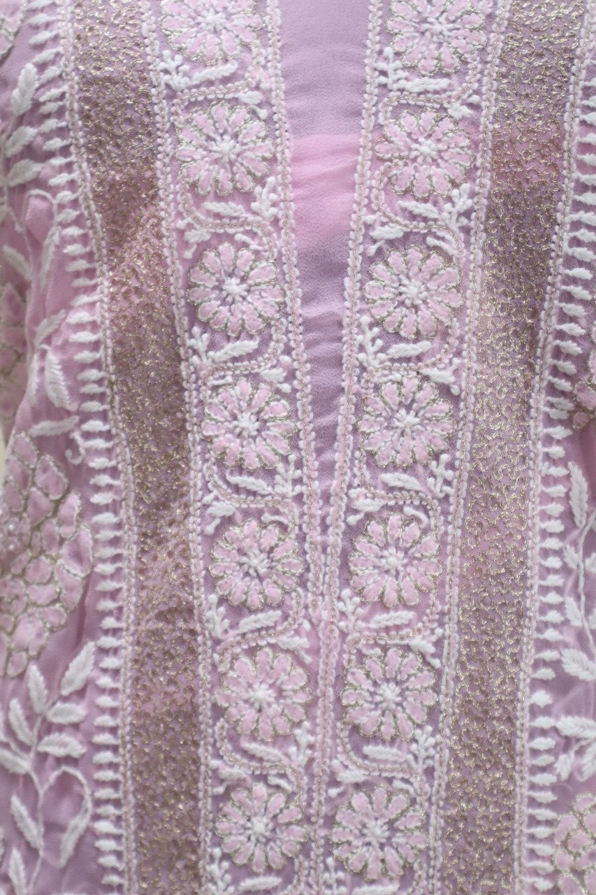 Pink Embroidered Chikankari Georgette Kurti - Luxurion World