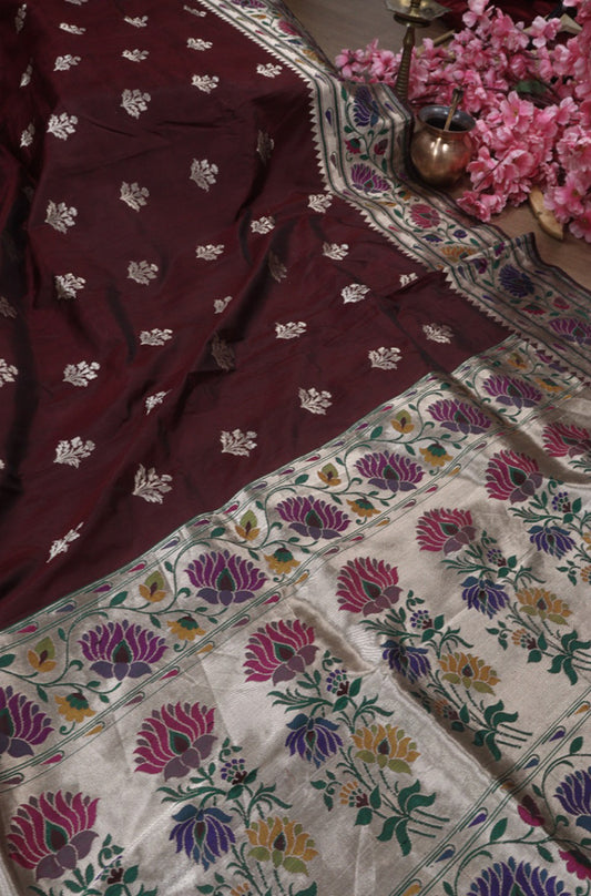 Maroon Handloom Banarasi Pure Katan Silk Paithani Border Design Saree - Luxurion World