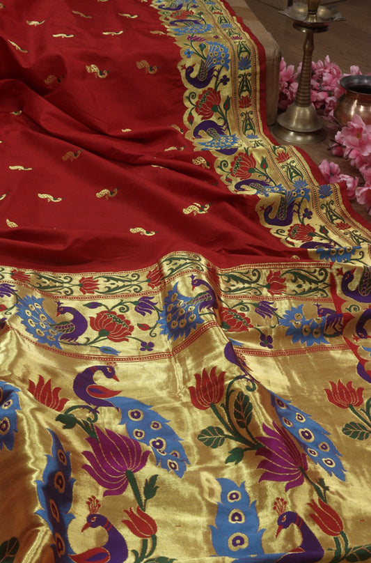 Red Handloom Banarasi Pure Katan Silk Paithani Border Design Saree - Luxurion World