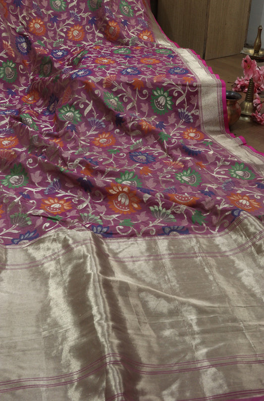 Pink Handloom Banarasi Pure Katan Silk Jaal Work Meenakari Saree - Luxurion World