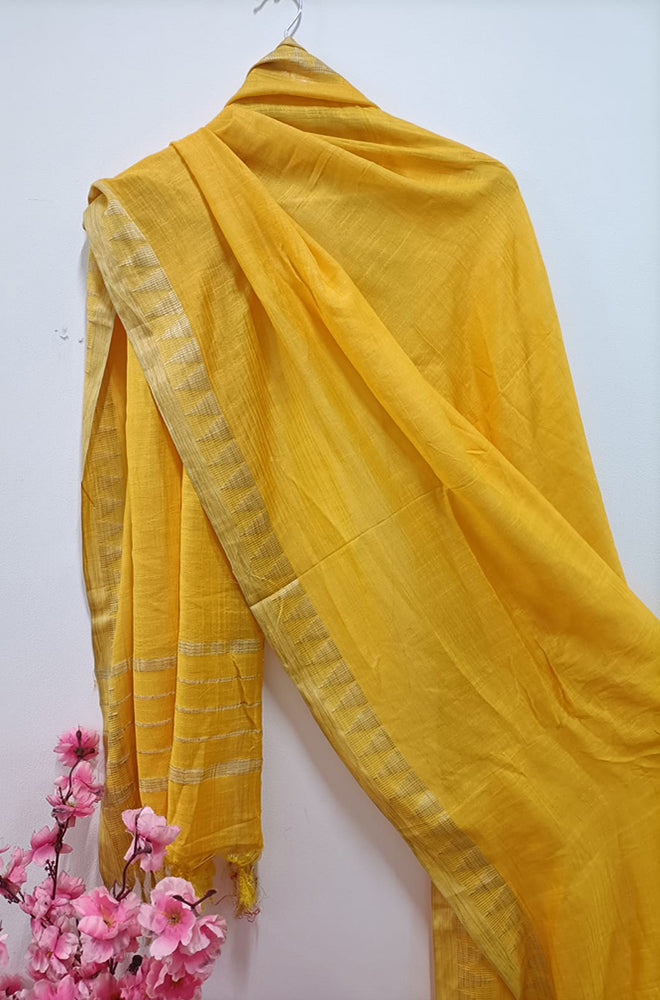 Stunning Yellow Bhagalpur Kota Cotton Dupatta with Temple Design - Luxurion World