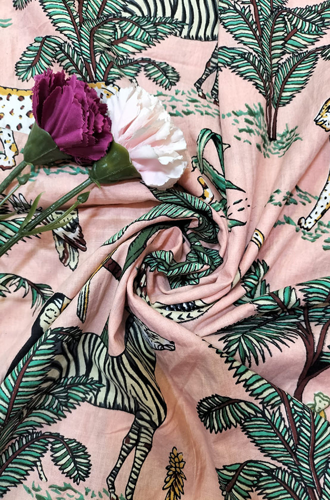 Pink Block Printed Cotton Fabric ( 1 Mtr ) - Luxurion World