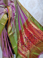 Green And Purple Shot Handloom Paithani Pure Silk Peacock Design Pallu Saree - Luxurion World