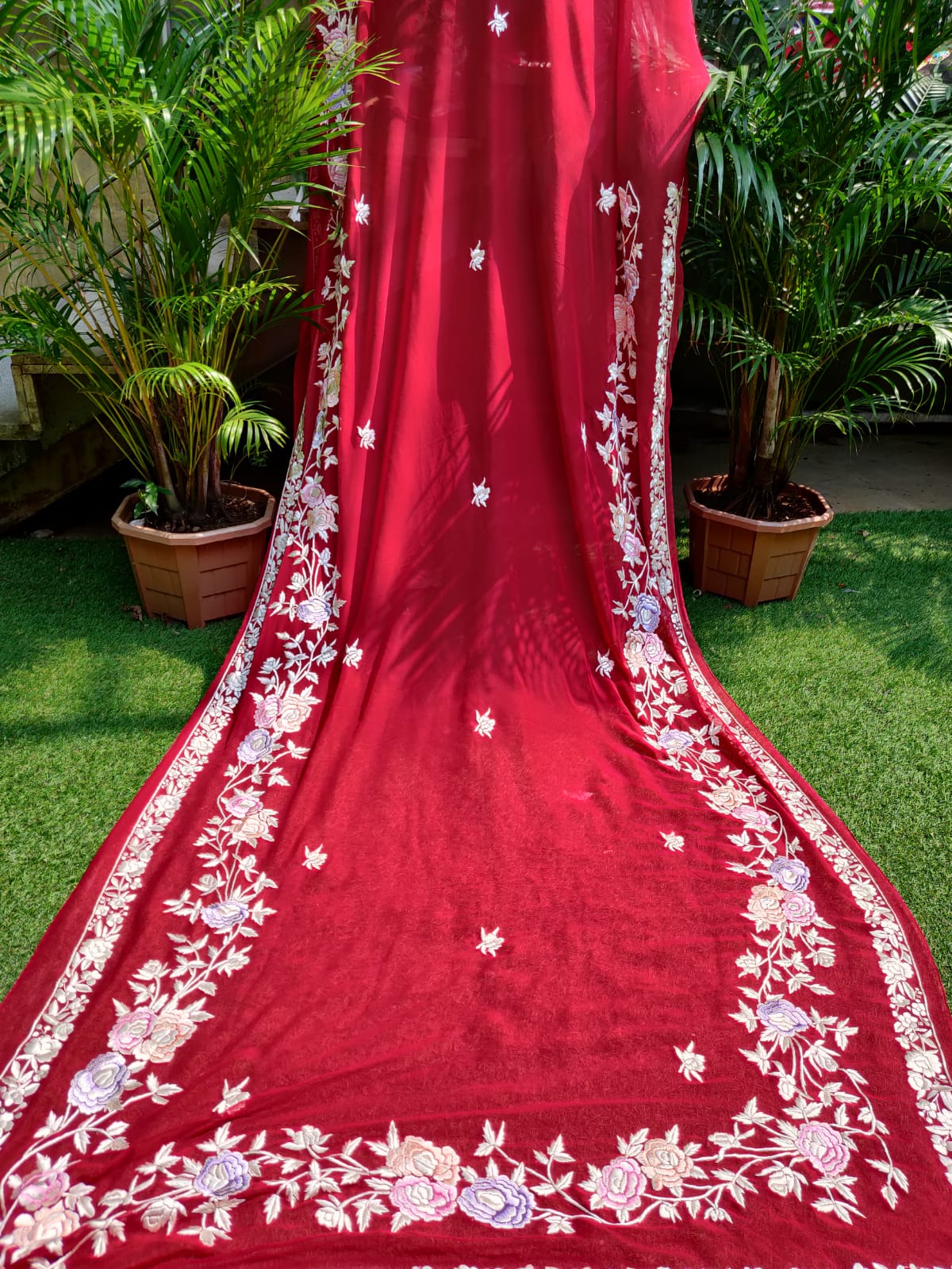 Red Hand Embroidered Parsi Gara Pure Georgette Saree - Luxurion World