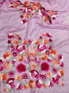 Pink Hand Embroidered Parsi Gara Pure Satin Silk Saree - Luxurion World