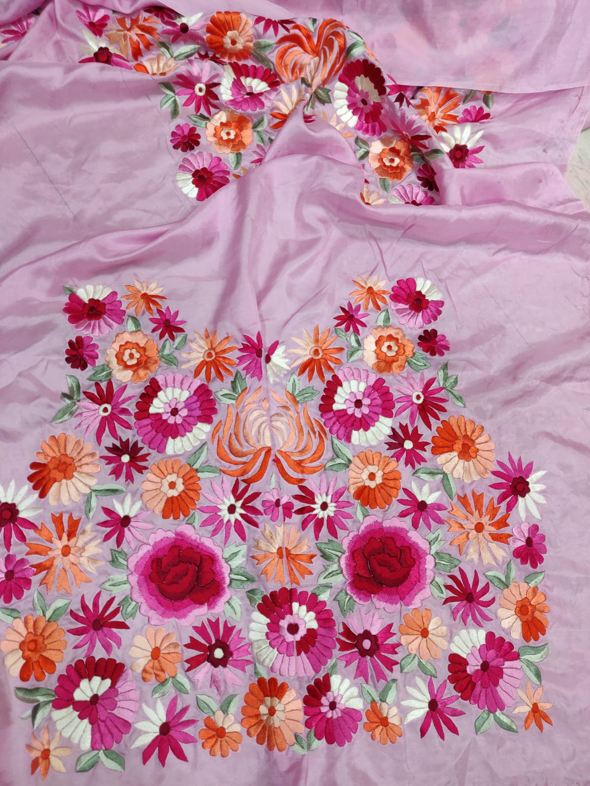 Pink Hand Embroidered Parsi Gara Pure Satin Silk Saree - Luxurion World