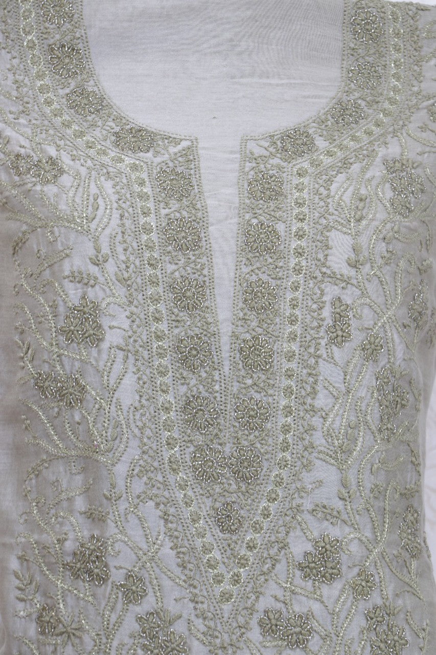 Pastel Embroidered Chikankari Chanderi Silk Two Piece Unstitched Suit Set - Luxurion World