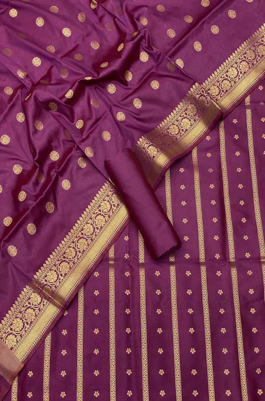 Purple Banarasi Silk Three Piece Unstitched Suit Set - Luxurion World