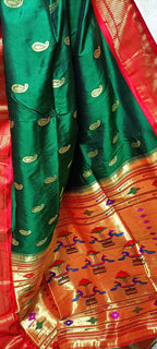 Green Handloom Paithani Pure Silk Real Kadhiyal Peacock Design Pallu Saree - Luxurion World