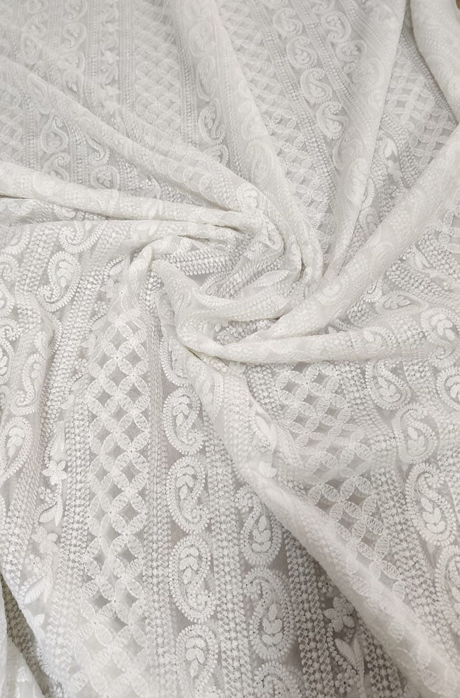 White Embroidered Chikankari Georgette Fabric (2.5 Mtr)