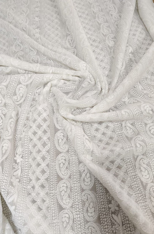 White Embroidered Chikankari Georgette Fabric (2.5 Mtr) - Luxurion World