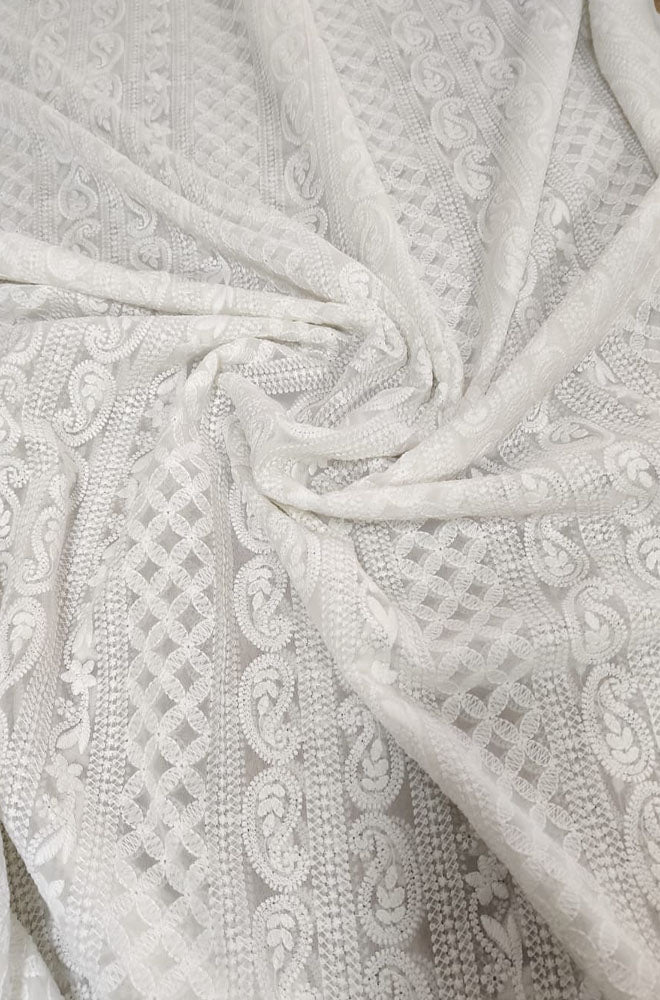 White Embroidered Chikankari Georgette Fabric (2.5 Mtr) - Luxurion World