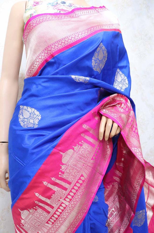 Blue Handloom Banarasi Pure Katan Silk Taj Mahal Design Saree - Luxurion World