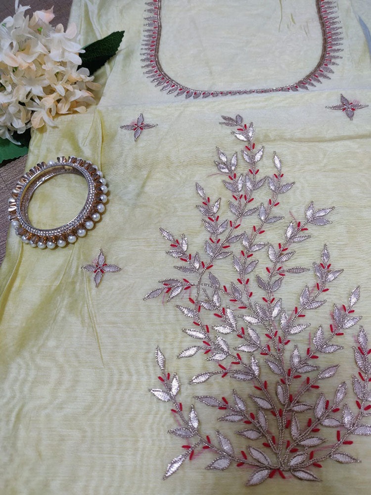 Yellow Gota Patti Chanderi Silk Unstitched Kurti - Luxurion World