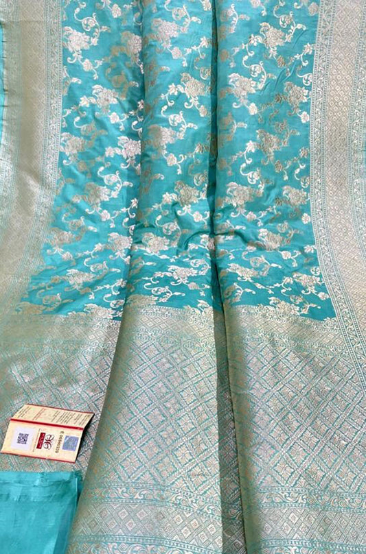 Blue Handloom Banarasi Khaddi Pure Katan Silk Jaal Work Saree - Luxurion World