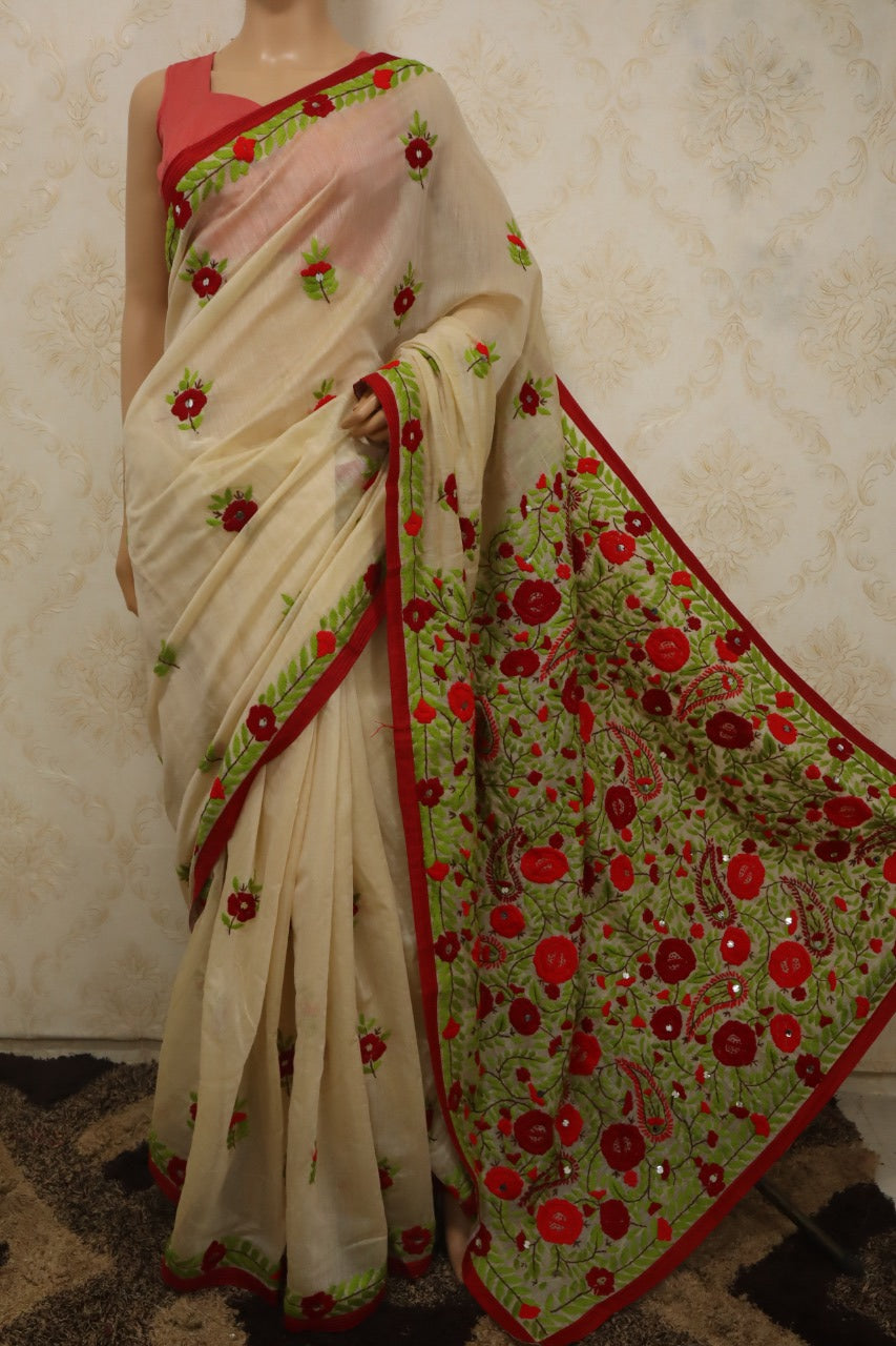 Off White Hand Embroidered Phulkari Chanderi Silk Saree - Luxurion World