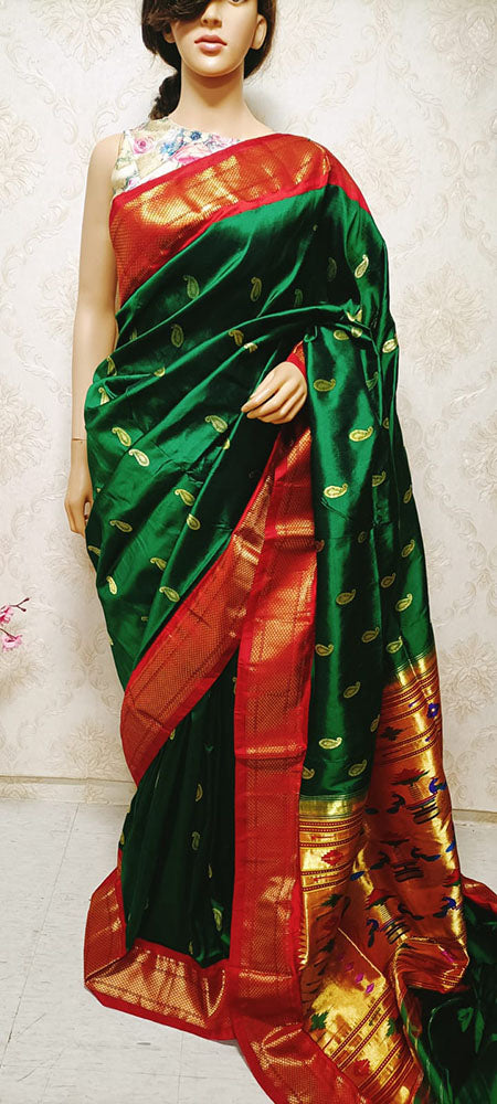 Green Handloom Paithani Pure Silk Real Kadhiyal Peacock Design Pallu Saree - Luxurion World