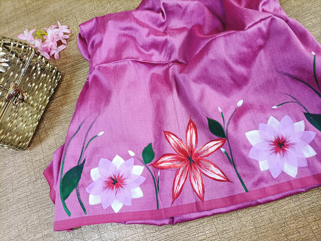 Pink Hand Painted Pure Silk Blouse Fabric (1 Mtr) - Luxurion World