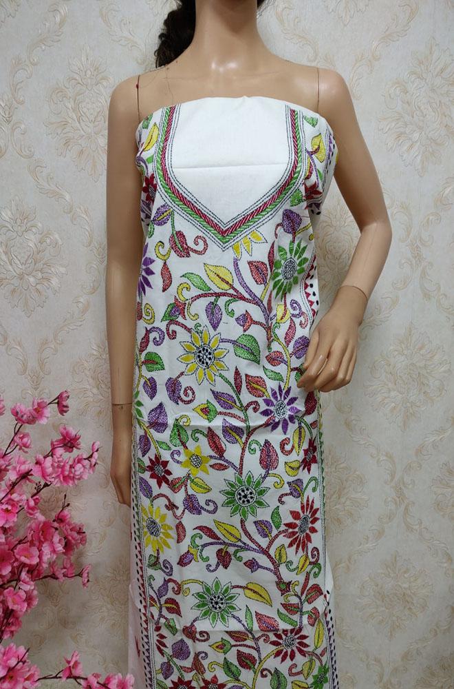 Off White Hand Embroidered Kantha Cotton Unstitched Kurti - Luxurion World