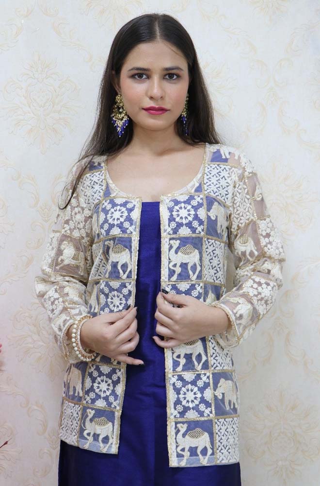 Navy Blue Raw Silk Kurti With White Jacket - Luxurion World