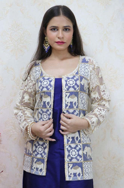Navy Blue Raw Silk Kurti With White Jacket - Luxurion World