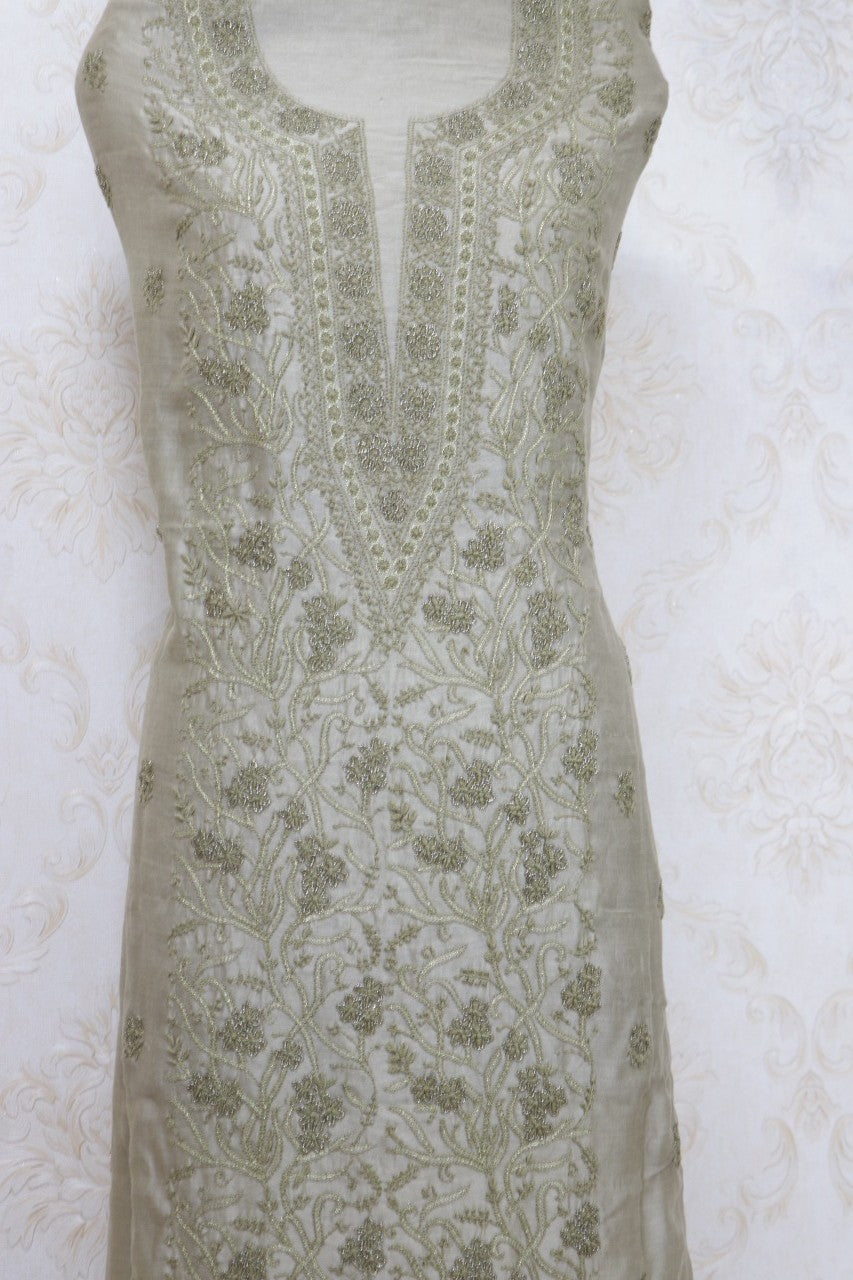 Pastel Embroidered Chikankari Chanderi Silk Two Piece Unstitched Suit Set - Luxurion World