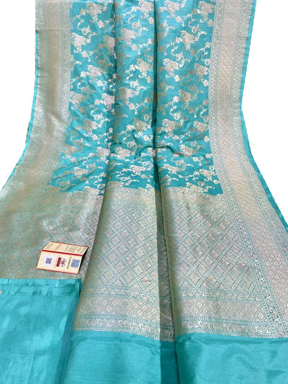 Blue Handloom Banarasi Khaddi Pure Katan Silk Jaal Work Saree