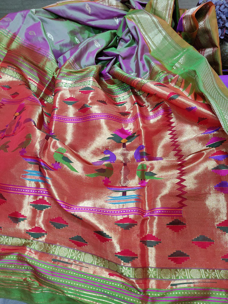 Green And Purple Shot Handloom Paithani Pure Silk Peacock Design Pallu Saree - Luxurion World