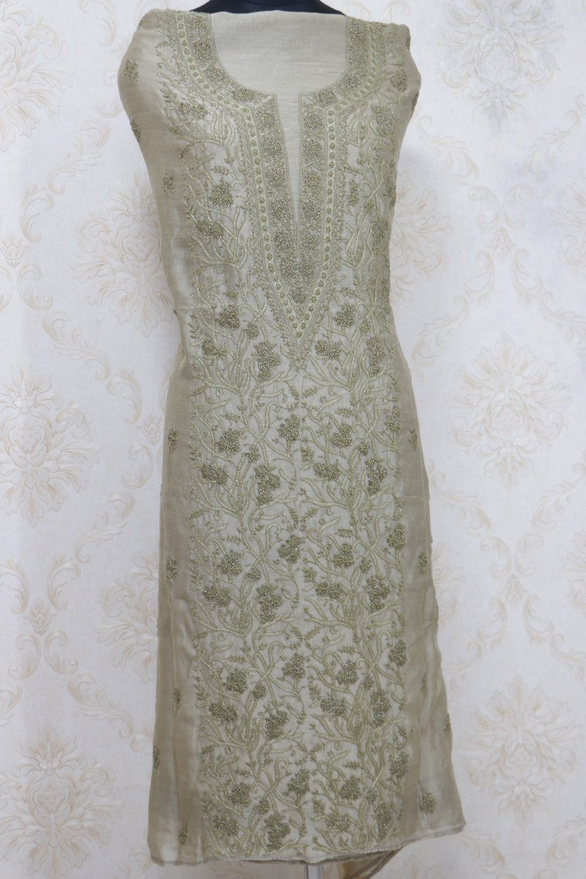 Pastel Embroidered Chikankari Chanderi Silk Two Piece Unstitched Suit Set - Luxurion World
