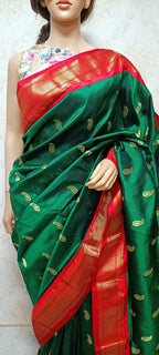Green Handloom Paithani Pure Silk Real Kadhiyal Peacock Design Pallu Saree - Luxurion World