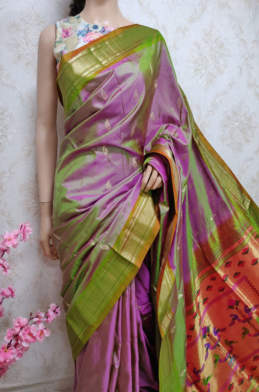 Green And Purple Shot Handloom Paithani Pure Silk Peacock Design Pallu Saree - Luxurion World